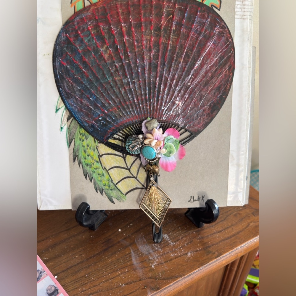 Acrylic hand painted fan  808 beads Decorative Hand Fan with Floral Accents